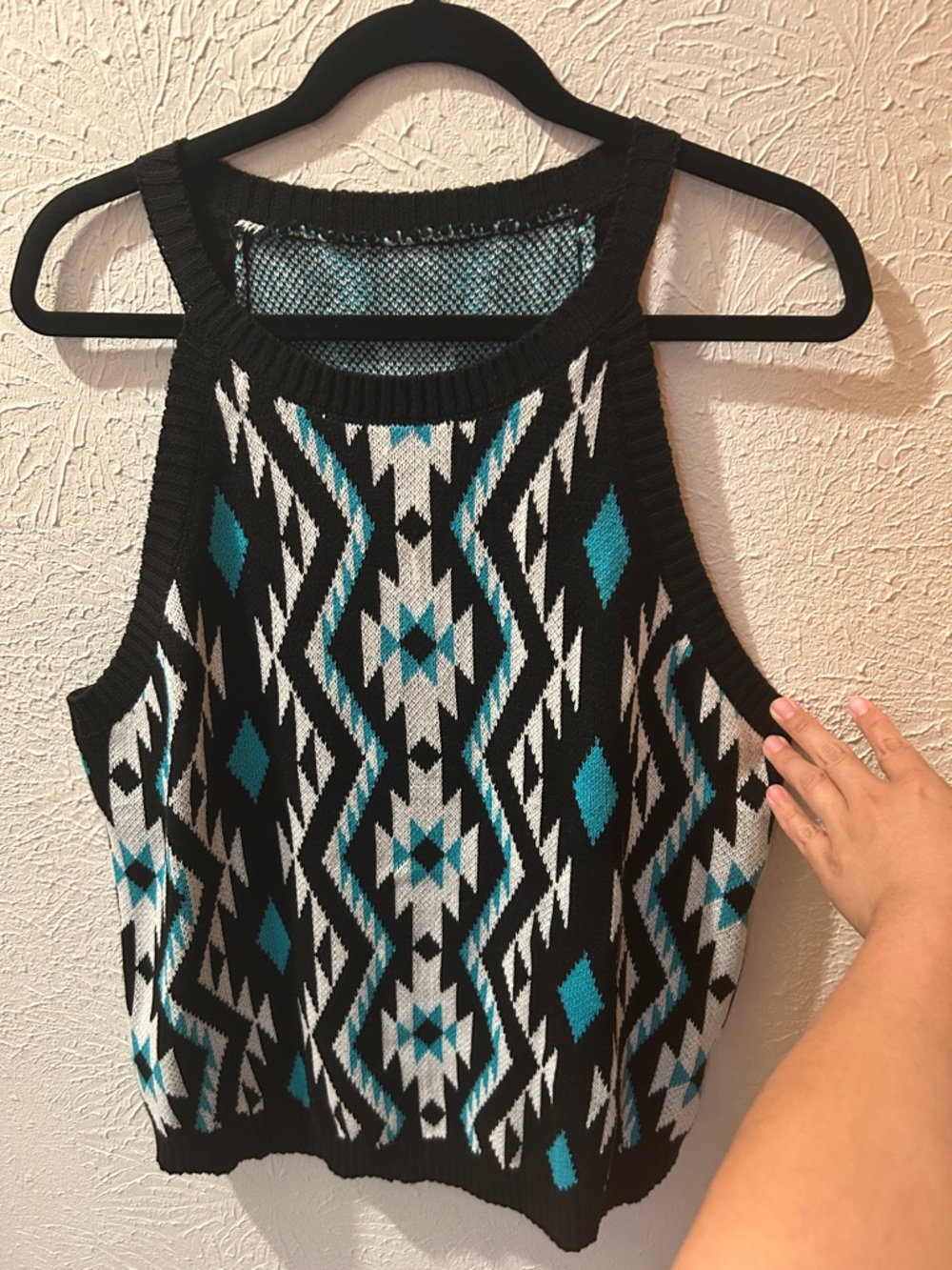 Geometric Knit Tank Top - Black & Teal